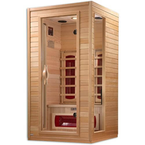 wooden sauna with glass door