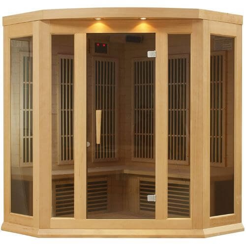 large wooden sauna with glass panel