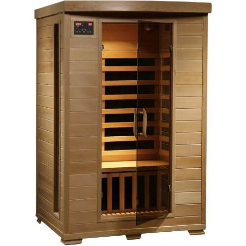 wooden sauna with glass panel