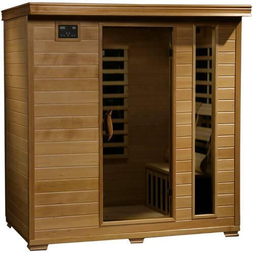 wooden sauna with glass panel