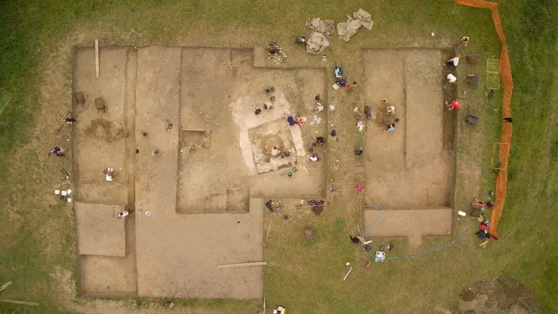 a bird's eye view of an archaeological digging site