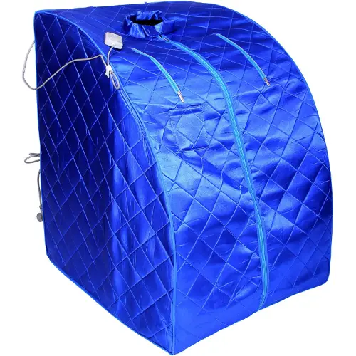 blue sauna tent with a remote