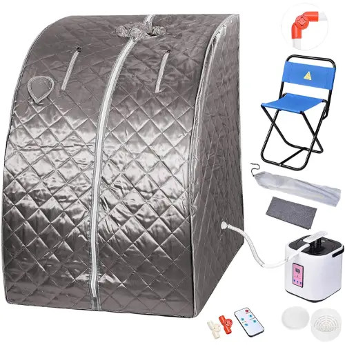 silver sauna tent with a folding chair, a steam generator and other equipment