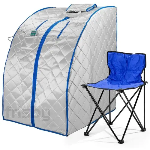 portable grey sauna tent with a chair