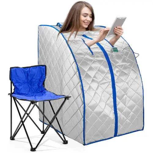 grey tent sauna with blue borders and a chair