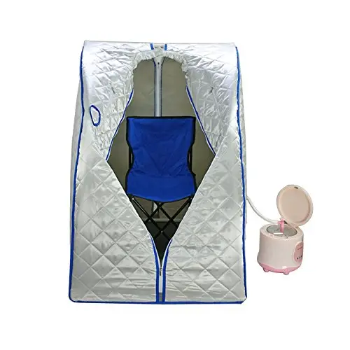silver sauna tent with a steam generator and a blue chair